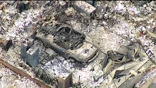 This image provided by shows aerials over the damage caused by the wildfires in Logan County, Okla. (KOCO via AP)