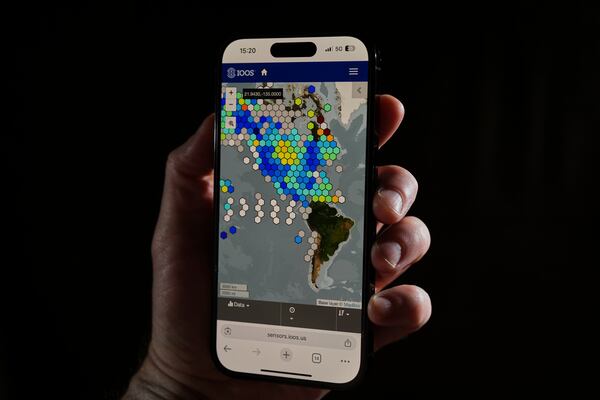 A map of sensor data as part of the Integrated Ocean Observing System is displayed Thursday, May 15, 2025, in Cincinnati. (AP Photo/Joshua A. Bickel)