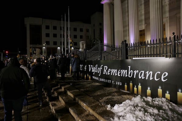 Baltimore Mayor Brandon Scott addresses attendees at the annual Vigil of Remembrance at War Memorial Plaza, Tuesday, Jan. 7, 2025, in Baltimore, Md., to honor the lives of Baltimoreans lost in 2024. (Wesley Lapointe/The Baltimore Banner via AP)