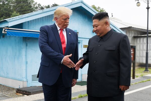 FILE - In this June 30, 2019 file photo, President Donald Trump meets with North Korean leader Kim Jong Un at the border village of Panmunjom in the Demilitarized Zone, South Korea. (AP Photo/Susan Walsh, File)