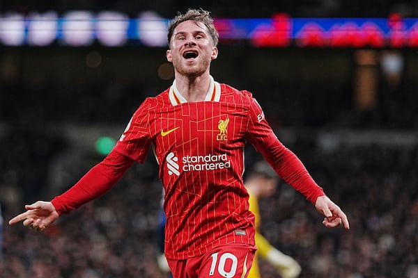 Liverpool's Alexis Mac Allister celebrates after scoring his side's second goal during the English Premier League soccer match between Tottenham and Liverpool at Tottenham Hotspur Stadium in London, Sunday, Dec. 22, 2024. (AP Photo/Dave Shopland)