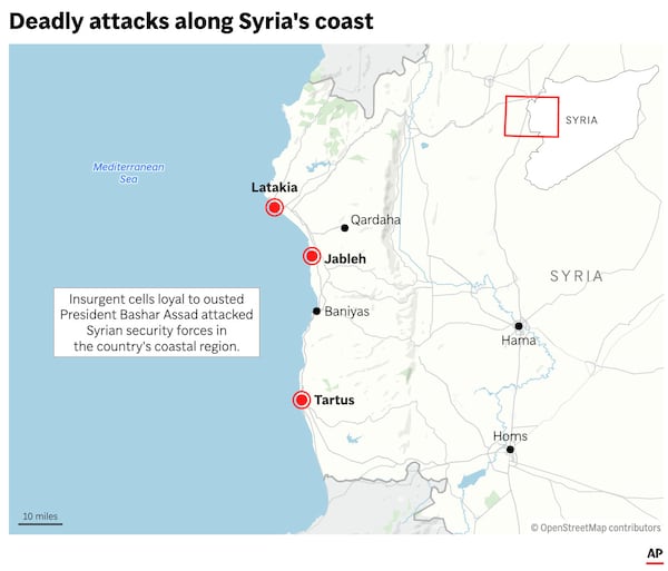 The map above locates coastal cities in Syria where clashes between Syrian security forces and gunmen loyal to ousted President Bashar Assad have killed more than 70 people. (AP Graphic)