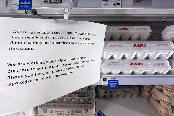 FILE - A sign is shown with egg cartons for sale at a grocery store Friday, Feb. 14, 2025 in Grosse Pointe Woods, Mich. (AP Photo/Paul Sancya, File)