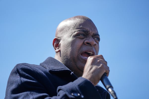 Newark mayor and gubernatorial candidate Ras Baraka speaks during a protest in front of of Delaney Hall, the proposed site of an immigrant detention center, in Newark, N.J., Tuesday, March 11, 2025. (AP Photo/Seth Wenig)