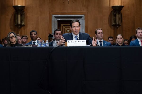Secretary of State Marco Rubio testifies before the Senate Committee on Foreign Relations hearing to examine the President's proposed budget request for fiscal year 2026 for the Department of State on Capitol Hill in Washington, Tuesday, May 20, 2025. (AP Photo/Jose Luis Magana)