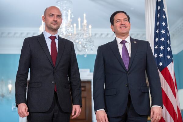 Secretary of State Marco Rubio, right, stands with French Foreign Minister Jean-Noel Barrot at the State Department, Thursday, May 1, 2025, in Washington. (AP Photo/Mark Schiefelbein)