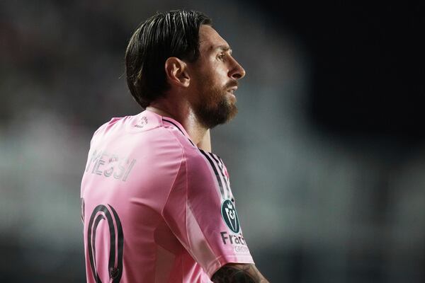 Inter Miami forward Lionel Messi (10) walks on the field during the second half of a CONCACAF Champions Cup second-leg semifinal soccer match against the Vancouver Whitecaps, Wednesday, April 30, 2025, in Fort Lauderdale, Fla. (AP Photo/Lynne Sladky)