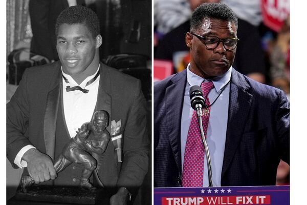 At left, Heisman Trophy winner Herschel Walker attends an award banquet Dec. 9, 1982, in New York, and at right speaks during a campaign rally for Republican presidential candidate former President Donald Trump, Nov. 3, 2024, in Macon, Ga. (AP Photo/File)
