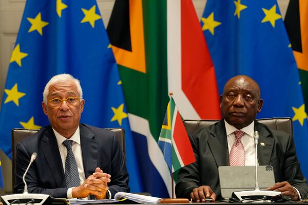 European Union Council President Antonio Costa, left, and South Africa's President Cyril Ramaphosa during their opening remarks for the eighth EU-South Africa summit in Cape Town, South Africa, Thursday, March 13, 2025. (AP Photo/Nardus Engelbrecht)