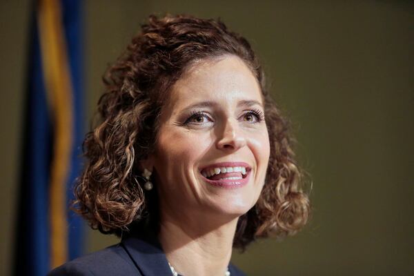 FILE - Julia Letlow speaks to reporters in Baton Rouge, La., Jan. 21, 2021, after signing up to run for the 5th District seat. (AP Photo/Brett Duke, File)