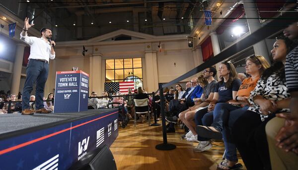 Former U.S. Secretary of Transportation Pete Buttigieg answers questions from the audience during a VoteVets Town Hall, Tuesday, May 13, 2025, in Cedar Rapids, Iowa. (AP Photo/Cliff Jette)