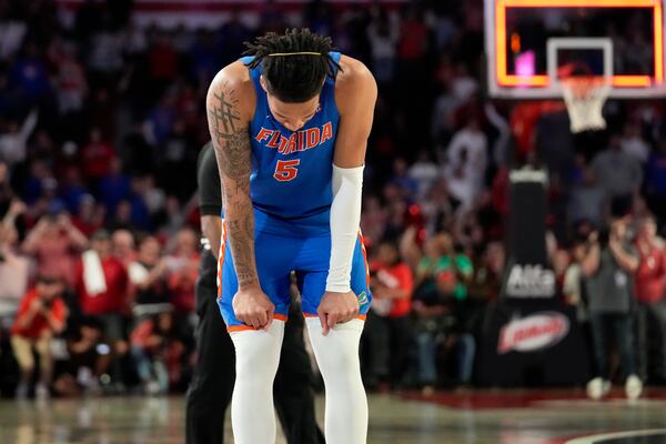 Florida guard Will Richard (5) reacts after a loss during an NCAA college basketball game Georgia, Tuesday, Feb. 25, 2025, in Athens, Ga. (AP Photo/Brynn Anderson)