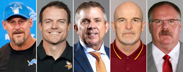 This combo of file photos shows, from left, NFL Awards Coach of the Year finalists: Detroit Lions' Dan Campbell, Minnesota Vikings' Kevin O’Connell, Denver Broncos' Sean Payton, Washington Commanders' Dan Quinn, and ansas City Chiefs' Andy Reid. (AP Photo/File)