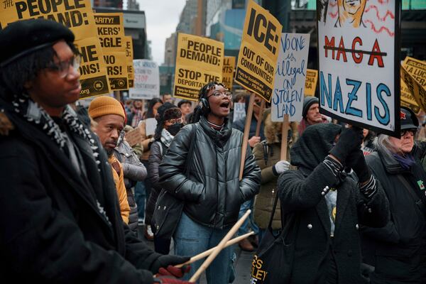 FILE - Protesters shout slogans during a pro-migrant rally, demanding an end to deportations in New York, Feb. 9, 2025. (AP Photo/Andres Kudacki, File)