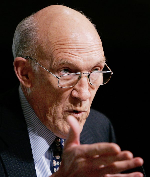 FILE - In this May 4, 2007 file photo, former U.S. Sen. Alan Simpson delivers a key-note address to Log Cabin Republicans at their annual convention in Denver. Simpson has died at age 93. (AP Photo/Ed Andrieski, File)