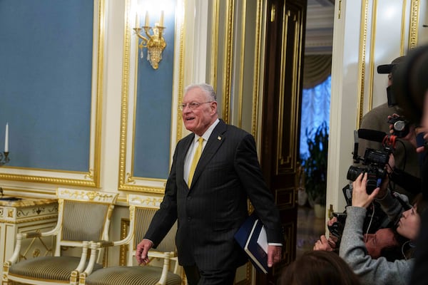 U.S. Special Envoy for Ukraine and Russia Keith Kellogg enters the hall for a meeting with Ukraine's President Volodymyr Zelenskyy in Kyiv, Ukraine, Feb. 20, 2025. (AP Photo/Evgeniy Maloletka)