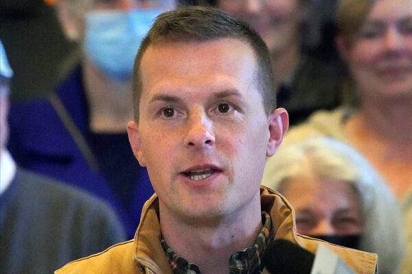 FILE - Rep. Jared Golden, D-Maine, speaks at a news conference, Nov. 1, 2022, at the State House, in Augusta, Maine. (AP Photo/Robert F. Bukaty, File)