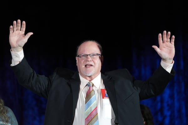 State Sen. Jim Runestad, R-White Lake, reacts during the Michigan Republican Party Convention, Saturday, Feb. 22, 2025, in Detroit. (AP Photo/Paul Sancya)