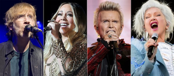 This combination of photos show Trey Anastasio, from left, Mariah Carey, Billy Idol and Cyndi Lauper. (AP Photo)