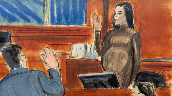 Cassie Ventura takes an oath before testifying in Manhattan federal court, Tuesday, May 13, 2025, in New York. (Elizabeth Williams via AP)