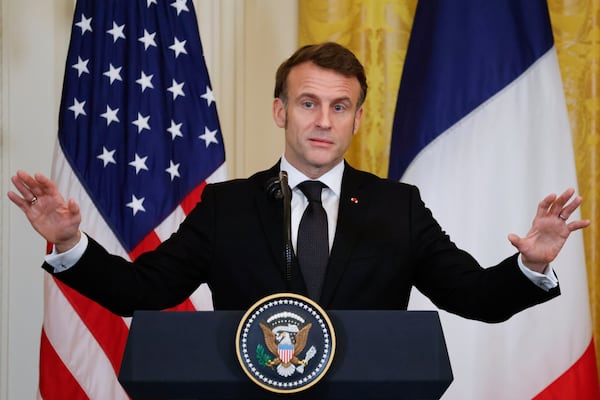 France's President Emmanuel Macron speaks during a joint press conference with President Donald Trump in the East Room of the White House in Washington, Monday, Feb. 24, 2025. (Ludovic Marin/Pool via AP)