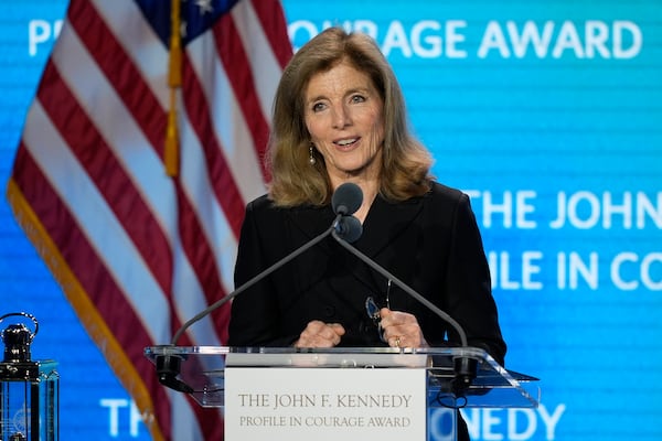 Caroline Kennedy speaks at the John F. Kennedy Profile in Courage Award ceremony at the JFK Library, Sunday, May 4, 2025, in Boston. (AP Photo/Robert F. Bukaty)