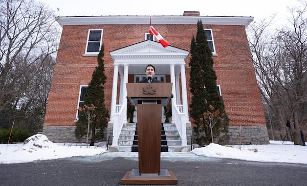 Canada Prime Minister Justin Trudeau speaks with media outside Rideau Cottage, Monday, Jan. 6, 2025 in Ottawa. (Adrian Wyld/The Canadian Press via AP)