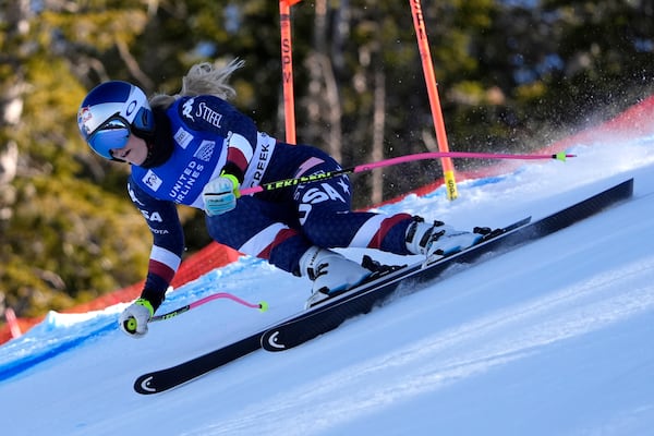 Forerunner Lindsey Vonn, of the United States, skis down the course before the training runs at the women's World Cup downhill race, Thursday, Dec. 12, 2024, in Beaver Creek, Colo. (AP Photo/Robert F. Bukaty)