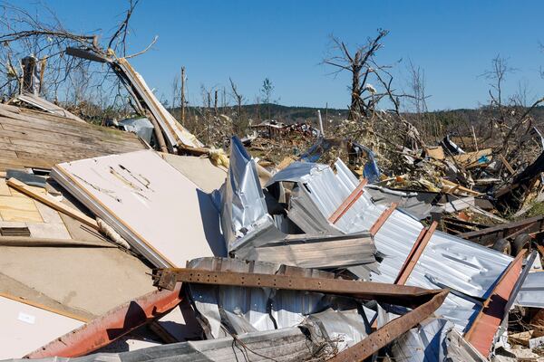 Well known community member Dunk Pickering perished at this warehouse site where he often hosted community members on Dallas County 63, Monday, March 17, 2025, in Plantersville, Ala, following deadly tornados that hit the area Saturday. (AP Photo/Vasha Hunt)