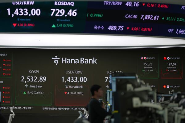 A currency trader watches computer monitors near the screens showing the Korea Composite Stock Price Index (KOSPI), left, and the foreign exchange rate between U.S. dollar and South Korean won at a foreign exchange dealing room in Seoul, South Korea, Friday, Jan. 24, 2025. (AP Photo/Lee Jin-man)