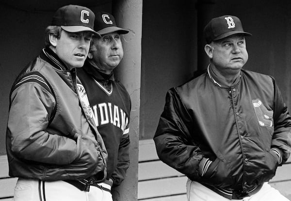 FILE - From left to right, Cleveland Indians manager Jeff Torborg, Indians coach Dave Garcia and Boston Red Sox manager Don Zimmer attend a Red Sox batting practice in Boston, April 4, 1979, during a workout to prepare for an American League opening baseball game at Fenway Park. (AP Photo/Dave Tenenbaum, File)