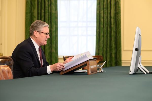 Britain's Prime Minister Keir Starmer speaks with European leaders at the beginning of a video conference at 10 Downing Street in London, England, March 15, 2025. (Leon Neal/Pool Photo via AP)