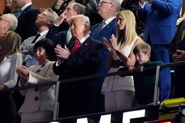 New Orleans Saints owner Gayle Benson, from left, President Donald Trump, his daughter Ivanka Trump and Ivanka Trump's son Theodore watch from a suite prior to the NFL Super Bowl 59 football game between the Philadelphia Eagles and the Kansas City Chiefs, Sunday, Feb. 9, 2025, in New Orleans. (AP Photo/Frank Franklin II)