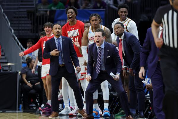 Maryland's bench reacts against Colorado State during the second half in the second round of the NCAA college basketball tournament, Sunday, March 23, 2025, in Seattle. (AP Photo/Ryan Sun)