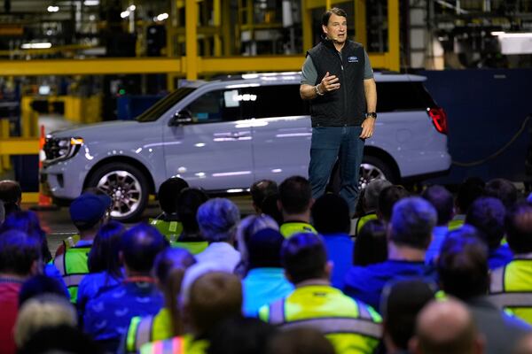 Jim Farley, President and Chief Executive Officer of Ford, speaks at the Ford Motor Company Kentucky Truck Plant to launch the 2025 Ford Expedition, Wednesday, April 30, 2025, in Louisville, Ky. (AP Photo/Carolyn Kaster)