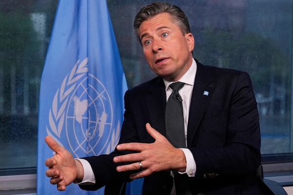 U.N. humanitarian chief Tom Fletcher responds to questions during an interview with The Associated Press at United Nations headquarters, Wednesday, May 14, 2025. (AP Photo/Richard Drew)