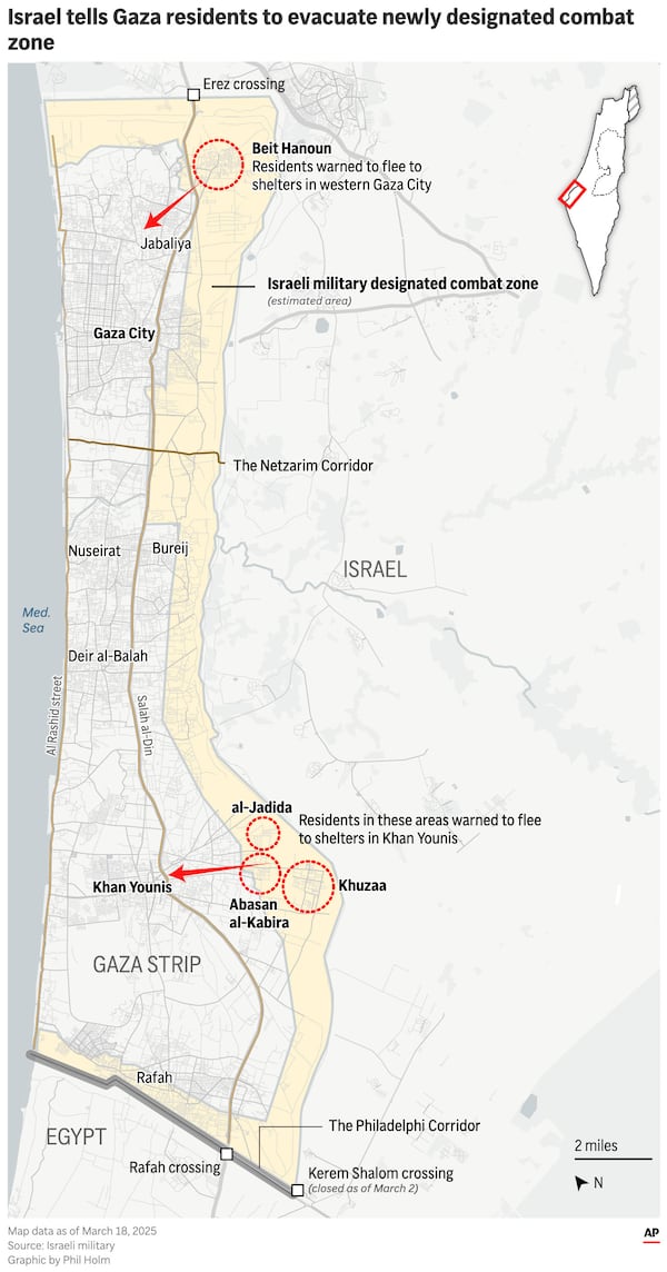 The map above shows the newly designated combat zone in Gaza and evacuation orders for neighborhoods within the zone. (AP Graphic)