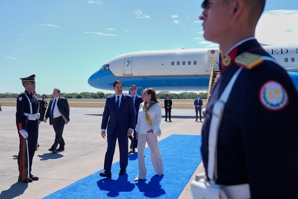 El Salvador's Foreign Minister Alexandra Hill Tinoco, center right, walks with U.S. Secretary of State Marco Rubio upon his arrival at the international airport in San Luis Talpa, El Salvador, Monday, Feb. 3, 2025. (AP Photo/Mark Schiefelbein, Pool)