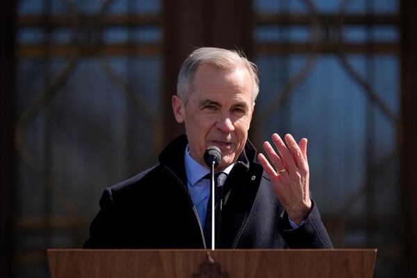 Prime Minister Mark Carney speaks to media at Rideau Hall, where he asked the Governor General to dissolve Parliament and call an election, in Ottawa, Sunday, March 23, 2025. (Adrian Wyld /The Canadian Press via AP)