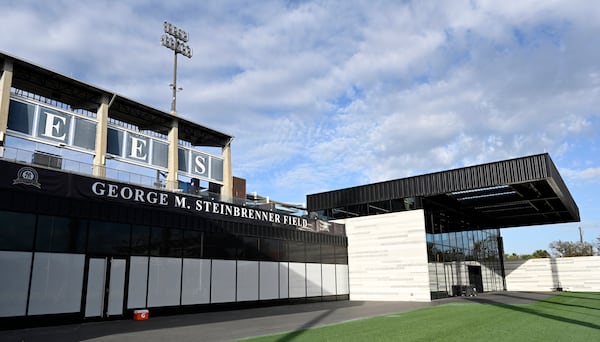 A recently completed wing of the New York Yankees clubhouse lines the first base side of the stadium during a tour of the upgraded team spring training facilities Thursday, Feb. 13, 2025, at George M. Steinbrenner Field in Tampa, Fla. (AP Photo/Steve Nesius)