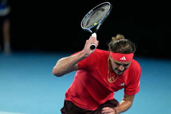 Alexander Zverev of Germany reacts after losing the second set during the men's singles final against Jannik Sinner of Italy at the Australian Open tennis championship in Melbourne, Australia, Sunday, Jan. 26, 2025. (AP Photo/Ng Han Guan)