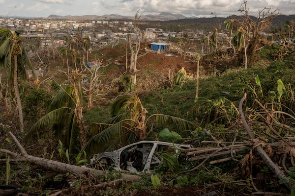 A broken car lays in a field of shredded trees in Mirereni, Mayotte, Friday, Dec. 20, 2024. (AP Photo/Adrienne Surprenant)