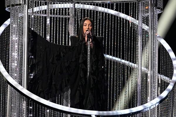 Yuval Raphael from Israel performs the song "New Day Will Rise" during the second semi-final of the 69th Eurovision Song Contest, in Basel, Switzerland, Thursday, May 15, 2025. (AP Photo/Martin Meissner)