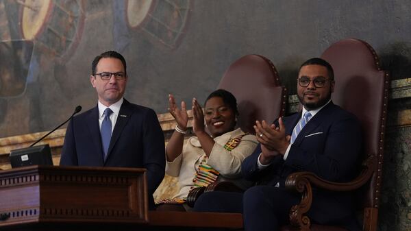 Pennsylvania Gov. Josh Shapiro, accompanied by state House Speaker Joanna McClinton, D-Philadelphia, and Lt. Governor Austin Davis, delivers his budget address for the 2025-26 fiscal year to a joint session of the state House and Senate at the Capitol is seen, Tuesday, Feb. 4, 2025, in Harrisburg, Pa. (AP Photo/Matt Rourke)