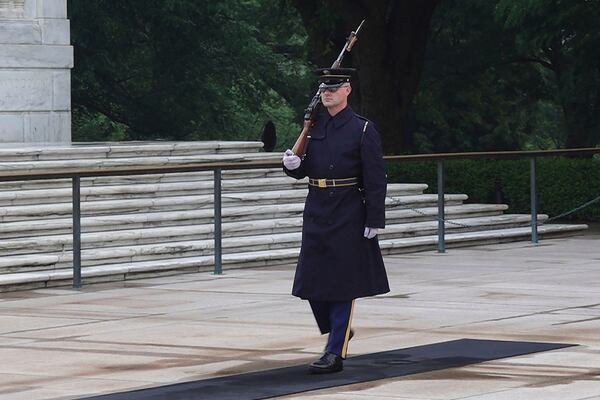 Army Sgt. 1st Class Andrew Jay patrols the Tomb of the Unknown Soldier, Thursday, May 15, 2025, at Arlington National Cemetery in Arlington, Va. (AP Photo/Mike Pesoli)