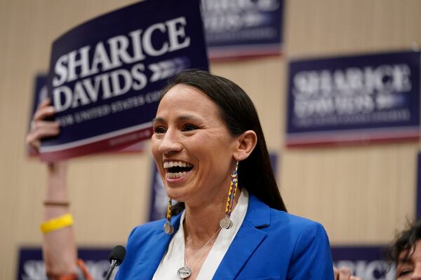 FILE - Rep. Sharice Davids, D-Kan., talks to supporters after defeating Republican candidate Amanda Adkins for Kansas' 3rd Congressional District seat Nov. 8, 2022, in Overland Park, Kan. (AP Photo/Ed Zurga, File)