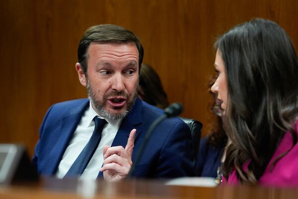 Sen. Chris Murphy, D-Conn., speaks, left, with Sen. Katie Britt, R-Ala., during a Senate Appropriations Subcommittee on Homeland Security oversight hearing, Thursday, May 8, 2025, on Capitol Hill in Washington. (AP Photo/Julia Demaree Nikhinson)