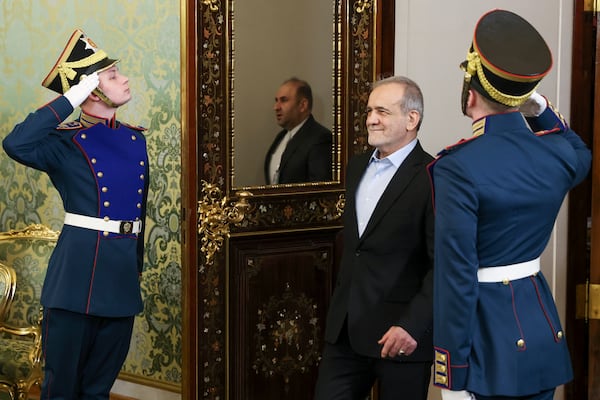 Iranian President Masoud Pezeshkian arrives to meet Russian President Vladimir Putin at the Kremlin in Moscow, Russia, Friday, Jan. 17, 2025. (Valeriy Sharifulin, Sputnik, Kremlin Pool Photo via AP)