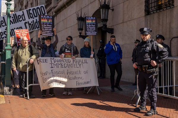 Protesters demonstrate in support of Palestinian activist Mahmoud Khalil outside Columbia University, Monday, March 10, 2025, in New York. (AP Photo/Yuki Iwamura)