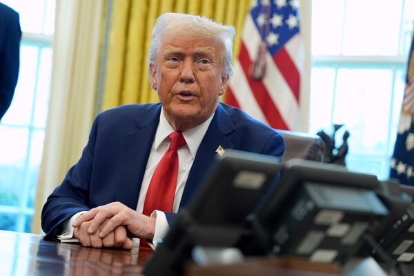 President Donald Trump speaks after signing executive orders in the Oval Office of the White House, Monday, Feb. 3, 2025, in Washington. (AP Photo/Evan Vucci)